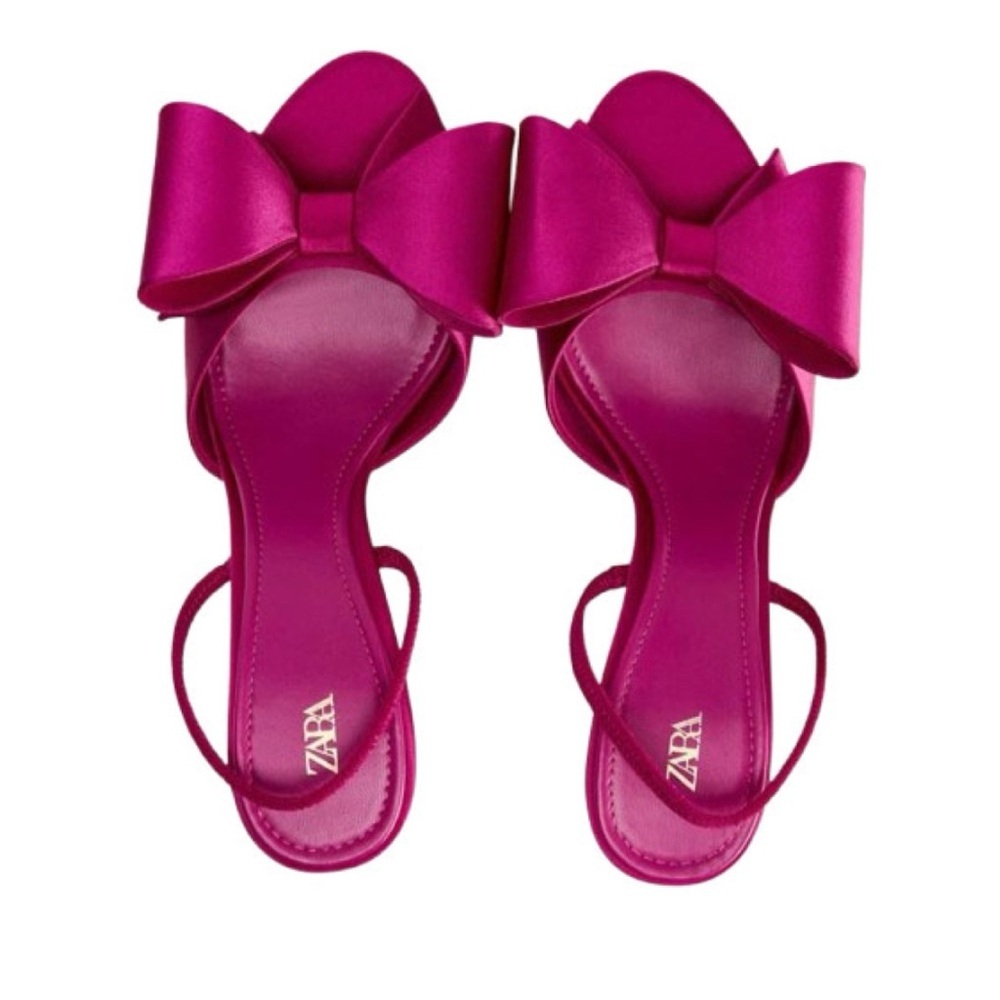 NWT NEW Zara Embeliished Fuchsia Pinn Satin Effect Bow High Heel Sandals US 6​ - Picture 8 of 10